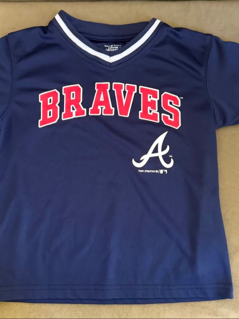 Atlanta Braves Baseball Shirt Kids XS 4/5 Navy V-Neck Jersey Tee